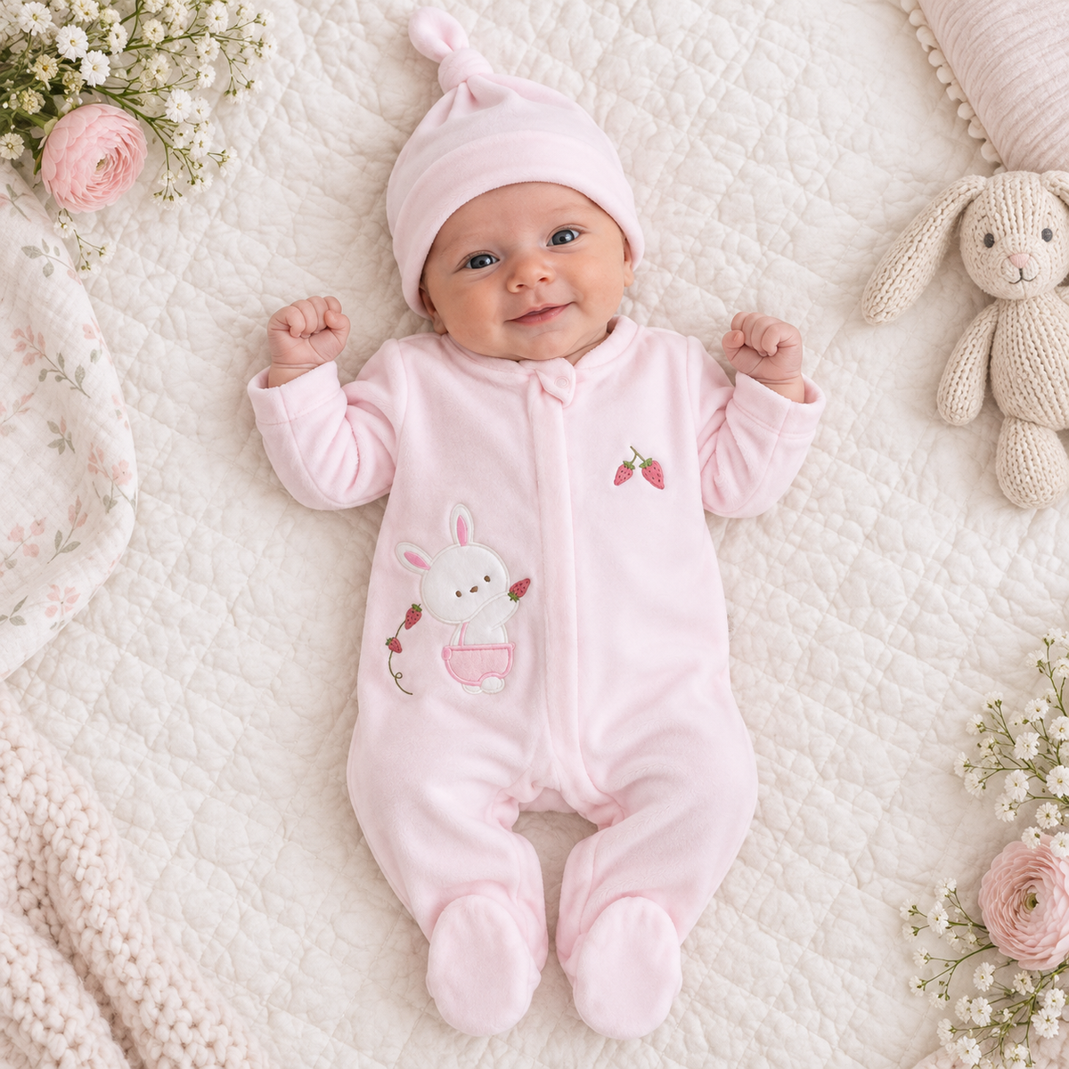 Grenouillère Lapinette fraise 1 bonnet velours