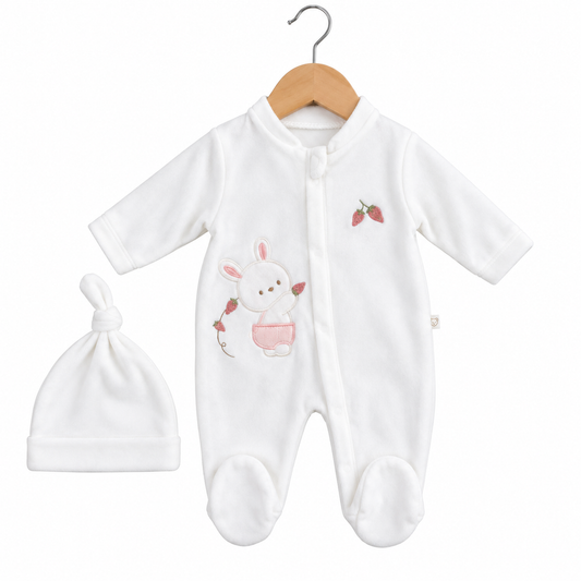 Grenouillère Lapinette fraise 1 bonnet velours